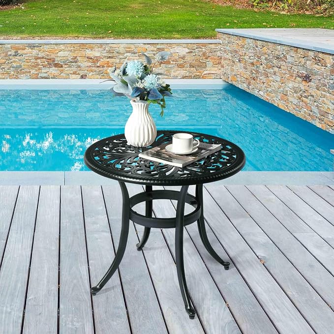 Outdoor Round Side Table with Classical Floral Design, 23.6” Aluminum Round Patio Table for Indoor & Outdoor Use, (Black)