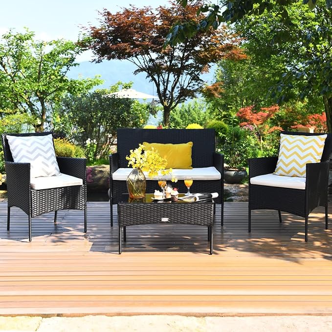 COSTZON HOMGX 4 Pieces Patio Furniture Set, Rattan Wicker Conversation Set w/Tempered Glass Top Table & 3 Cushioned Porch Chairs, Outdoor Wicker Sofa Set for Backyard, Garden, Poolside (Beige)