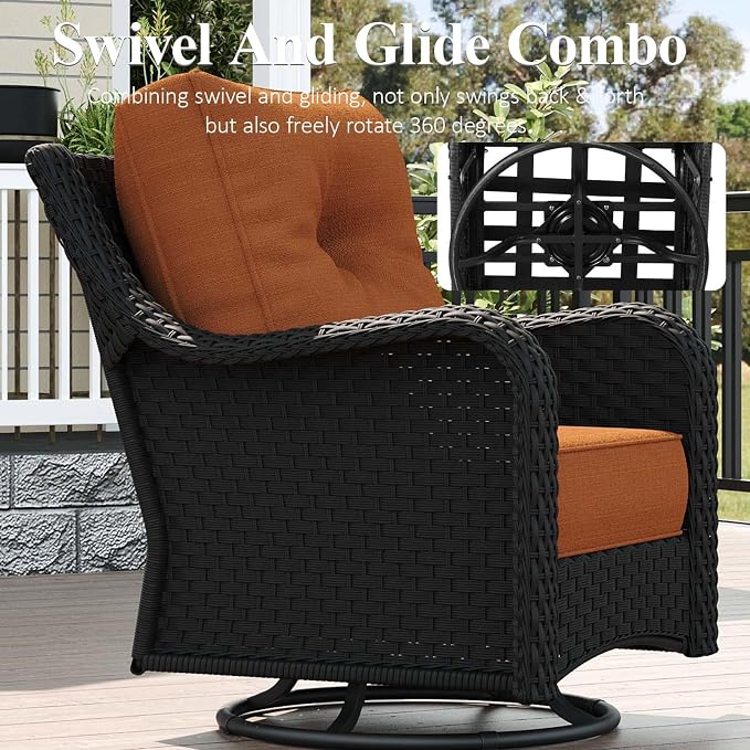 LayinSun 3 Piece Wicker Outdoor Furniture Set with 6-inch Comfy Cushions, High Back Patio Furniture Set with Swivel Rocking Chairs and Side Table