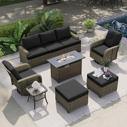LazySunsets Luxury Patio Furniture Set with Fire Pit Table，All-Weather Patio Sectional Sofas with Thickened Cushions, 9 Piece Outdoor Furniture Sectional Set with Swivel Rocker Chairs of 2，Black