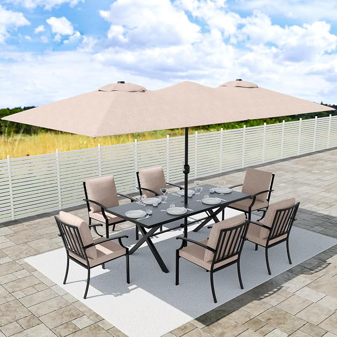 8 PCS Outdoor Patio Dining Set with 13.6ft Double-Sided Patio Umbrella,Patio Table and Chairs Metal Outdoor Patio Furniture Set,Dining Table Set with 6 Chairs,Brown