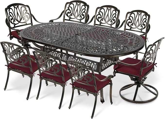 VIVIJASON 9-Piece Outdoor Furniture Dining Set, All-Weather Cast Aluminum Patio Conversation Set, Include 6 Stationary Chairs, 2 Swivel Dining Chairs and an Oval Table with Umbrella Hole, Red Cushion