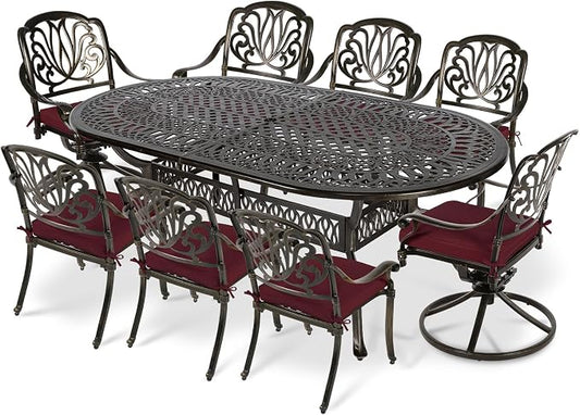 VIVIJASON 9-Piece Outdoor Furniture Dining Set, All-Weather Cast Aluminum Patio Conversation Set, Include 6 Stationary Chairs, 2 Swivel Dining Chairs and an Oval Table with Umbrella Hole, Red Cushion