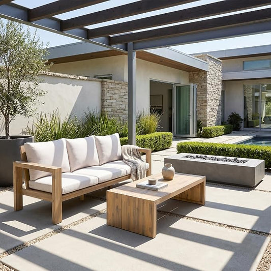 Outdoor Patio Sofa Set 3-Seater Acacia Wood Conversation Set with Cushions & Coffee Table Garden Backyard Balcony Poolside (Beige,Light Teak5)