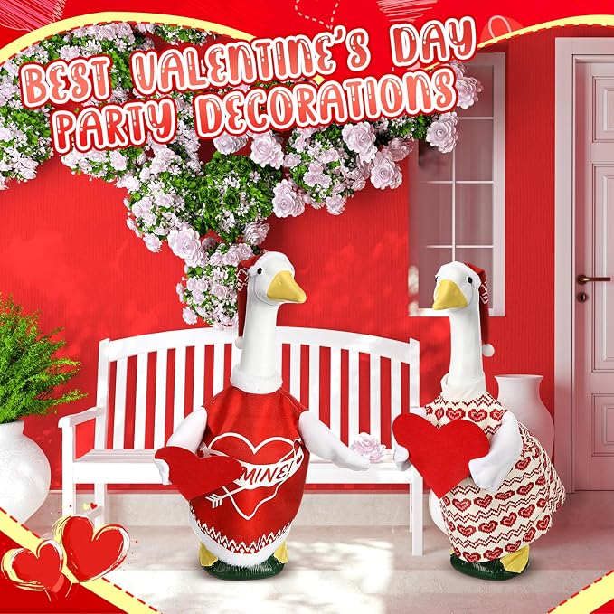 2 Sets Porch Goose Outfit Cute Red Heart Goose Dress Clothes with Headband and Wide Hat Costume for 23" Gooses Statue Decoration Patio Yard Garden Lawn Outdoor Decors