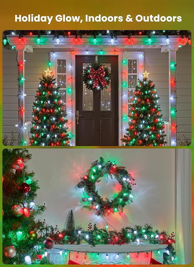 C9 Christmas Lights Outdoor, 102FT 150 LED String Lights with Spring Clips | Waterproof Connectable Commercial Grade Christmas Tree Lights for Outside Roofline Patio Yard Home, Red Green|Pure White