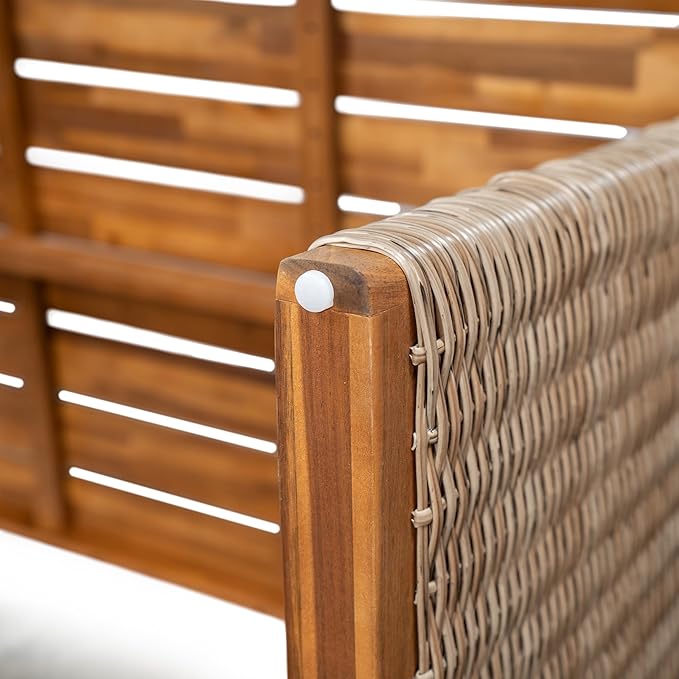 Christopher Knight Home Shuri Patio Acacia Wood Dining Table, Slatted Tabletop Outdoor Side Table with Handwoven Rattan Legs, Rectangular Outdoor Dining Table for Backyard/Garden, Brown + Teak