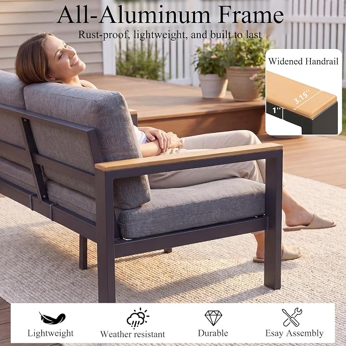 Aluminum Patio Furniture Set,Outdoor Sectional Sofa Set with Powder-Coated Frame, Weather Resistant Patio Conversation Set with Coffee Table, Removable Washable Cushions for Backyard Balcony Porch