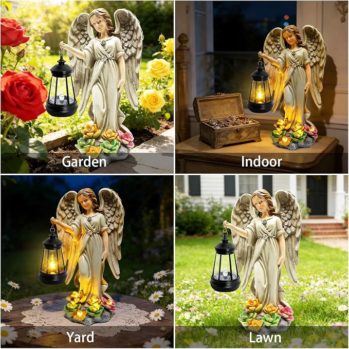 Solar Garden Statue Angel Figurine - 11.8 Inch Fairy Angel Solar Lights Outdoor with Hanging Lantern for Balcony Patio Yard Ornament, Cemetery Grave Decoration, Gifts for Women Mom, Memorial Gifts