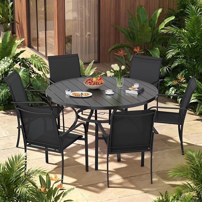 Incbruce 7 PCS Patio Dining Set, Outdoor Dining Set of 6 Textilene Chairs and 53" Round Table with Umbrella Hole for Backyard, Garden, and Poolside (Black)