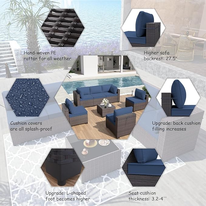 ALAULM 7 Pieces Patio Furniture Set Wicker Patio Conversation Set, Outdoor Sectional Furniture w/Coffee Table & Washable Seat Cushions-Dark Blue