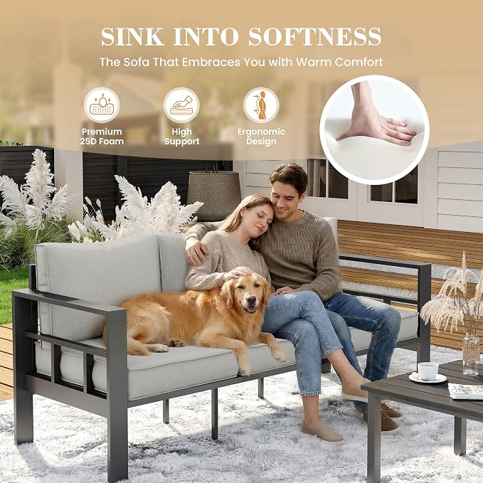 UDPATIO Aluminum Outdoor Furniture Set with 2 Ottomans, 6 Pieces All-Weather & UV-Resistant Patio Sectional Sofa Set for Deck, Backyard, Poolside, Light Gray