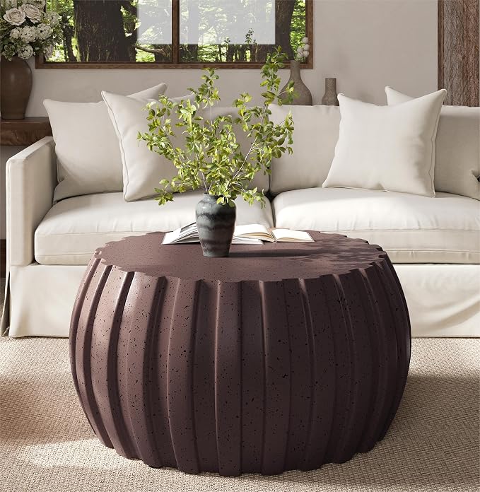 35.43" Concrete Outdoor Table,Modern Round Stone Coffee Table,Waterproof Outdoor Coffee Table for Patio for Terraces, Gardens, Backyards and Living Rooms (Brown, 35.43")