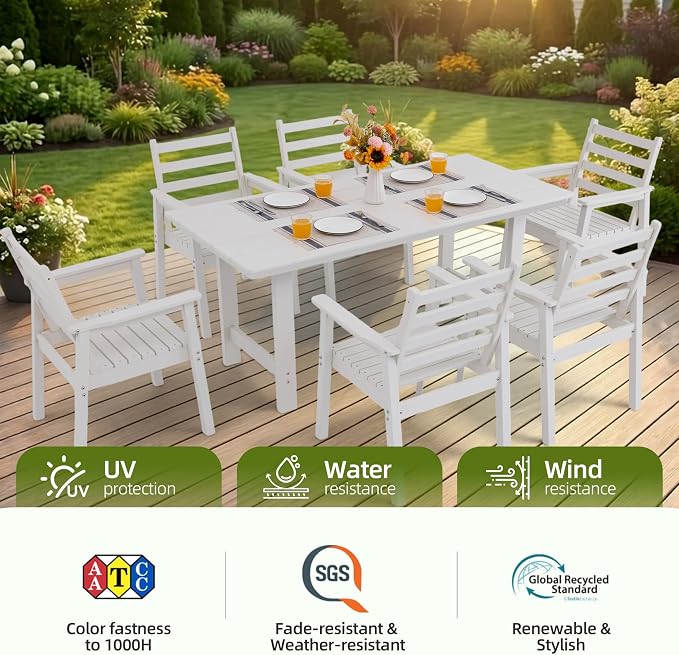 7-Piece Outdoor Dining Set, All-Weather HDPE Patio Furniture, 66.5" Slatted Table with 1.6" Umbrella Hole & 6 Ergonomic Armchairs, Heavy Duty 350lbs Capacity, UV Resistant, White