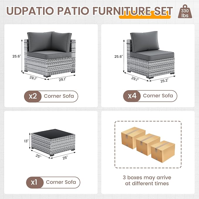 UDPATIO Patio Furniture Set, 7 Pieces PE Wicker Sectional Sofa with Tea Table, Outdoor Conversation Set for Patio, Garden, Backyard (Grey Cushions with Grey Rattan)