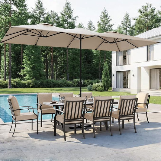 10 PCS Outdoor Patio Dining Set with 13.6ft Double-Sided Patio Umbrella,Patio Table and Chairs Metal Outdoor Patio Furniture Set,Dining Table Set with 8 Chairs,Brown