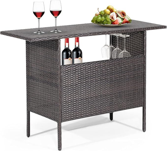 Tangkula Outdoor Wicker Bar Table, Patiojoy All Weather Patio Bar Height Table with 2 Metal Mesh Shelves & 2-Rail Steel Stemware Racks, Rattan Bar Counter Table for Backyard, Poolside (Mix Brown)