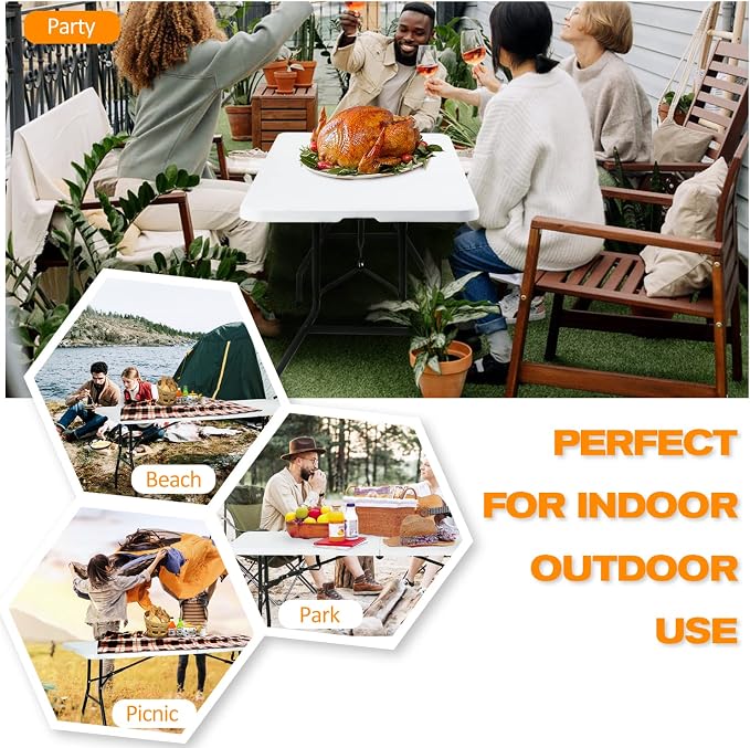 HCY 6 ft Folding Portable Table - White, Modern Design - Picnic, BBQ, Dining, Camping, Wedding - 500 lbs Capacity - Easy to Clean, Indoor/Outdoor Use