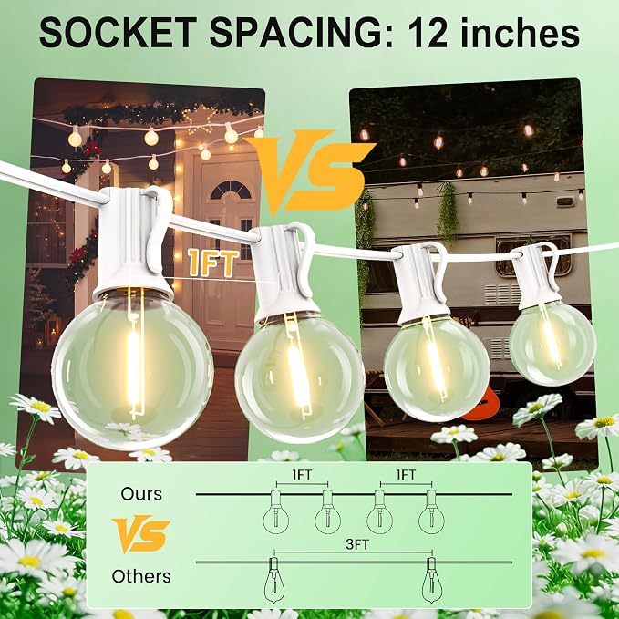 Outdoor String Lights White 75FT 75 Bulbs(1 FT Apart) with Remote for Patio | Waterproof Linkable Outside Lights with Remote Dimmer Timer &3 Lighting Modes for Backyard Bistro Garden Porch Wedding Deck