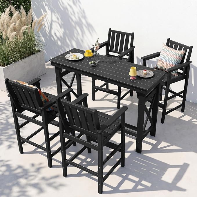 5-Piece Outdoor Bar Table and Chairs Set, HDPE Counter Height Patio Dining Table with 4 Adirondack Bar Chairs, Adirondack Bar Height Chairs and Bar Table for Bistro, Poolside, Backyard, Black