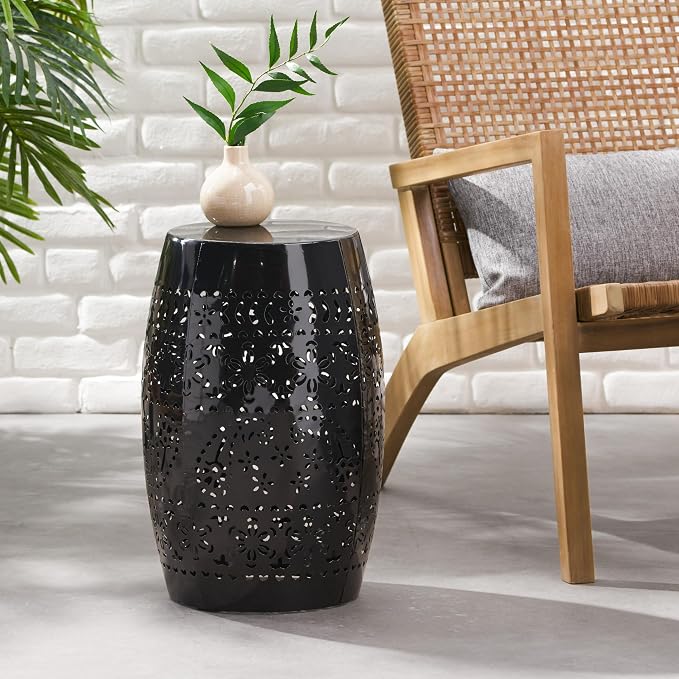 12" Outdoor Side Table, Metal Cutout Drum Side Table, Patio Garden Stool | Coffee End Tables for Small Spaces, Living Room, Backyard, Poolside