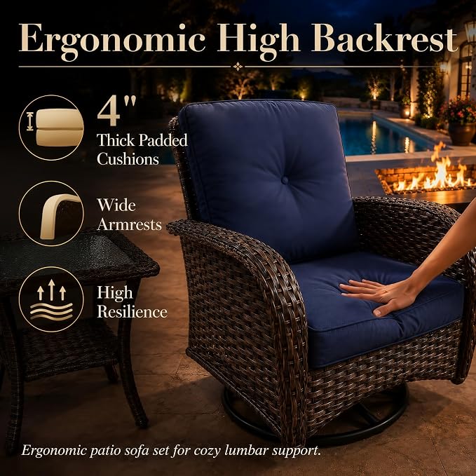 HUMMUH 5-Piece Wicker Swivel Rocker Patio Set with Fire Pit | 50,000 BTU fire pit, powder-coated steel frame, PE wicker, 360-degree swivel, 4-inch sponge cushions