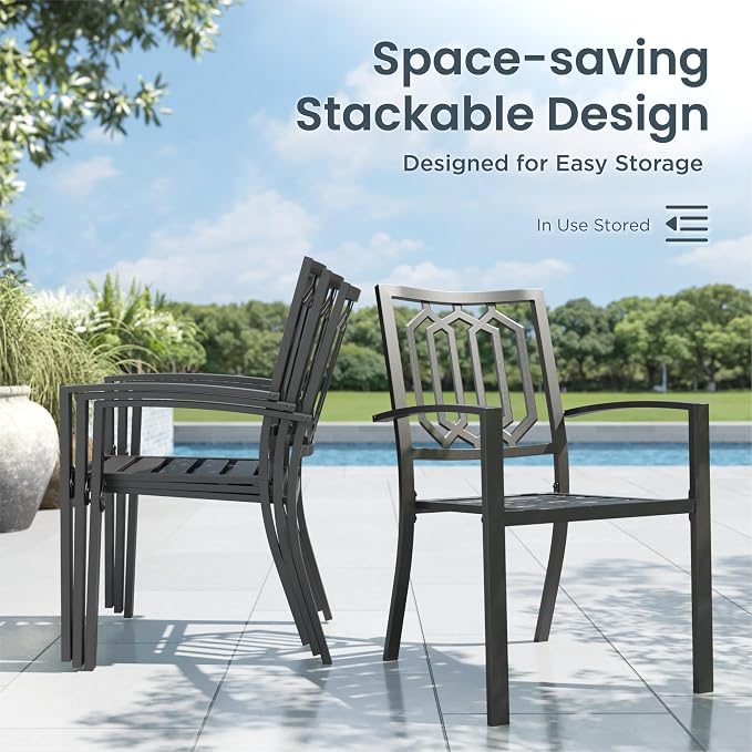 PHI VILLA Patio Dining Set, 4 Stackable Chairs w/Square Metal Table | 37" square metal table w/ 1.57" umbrella hole. Rust-resistant e-coated frame.. Easy assembly. Perfect for patio,deck