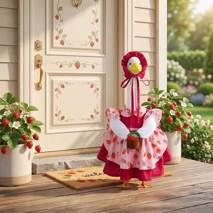 Abbylike Summer Porch Goose Outfits for 23''/17" Cement Statue Strawberry Goose Outfit Strawberry Gril with Basket Costume for Spring Summer Outdoor Yard Lawn Patio Decor
