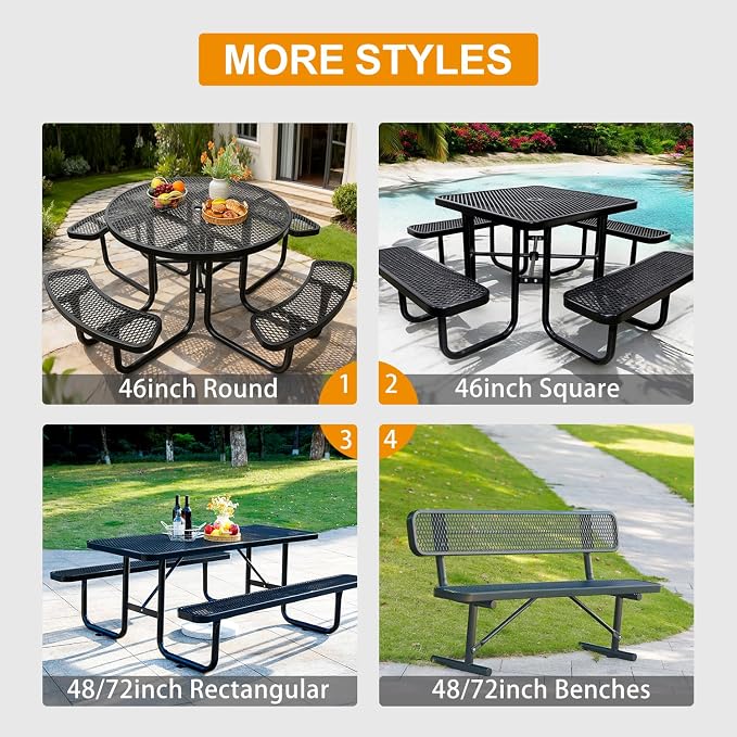 46-Inch Square Metal Outdoor Picnic Table – Commercial Heavy-Duty Steel Dining Table with Thermoplastic Coating, Weather & Rust Resistant, Ideal for Patio, Outside, Garden, Schools (Black)