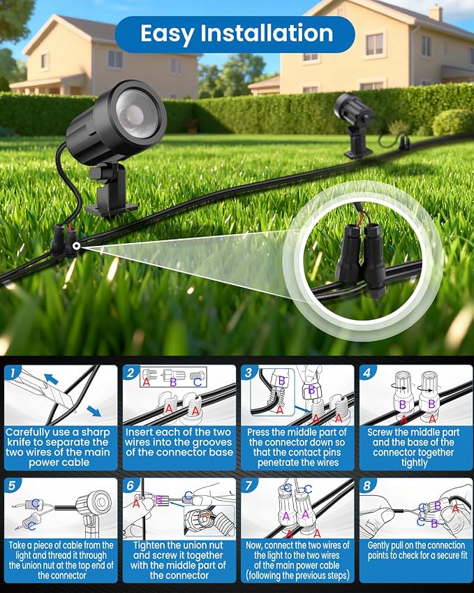 All-in-One Low Voltage Landscape Lighting Kit, 8-Pack, Warm White | LED Landscape Lights with Transformer 65FT Wire and Connectors, 2700K Waterproof Garden Spot Lights for Yard House Tree