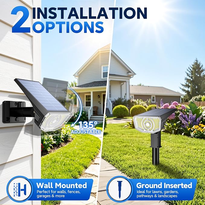 Solar Spot Lights Outdoor Waterproof IP65, 100 LED Solar Lights Outdoor | Super Bright Solar Spotlights 3000K&2 Lighting Modes , 2-in-1 Ground Spike & Wall Mount Solar Landscape Spotlights for Yard