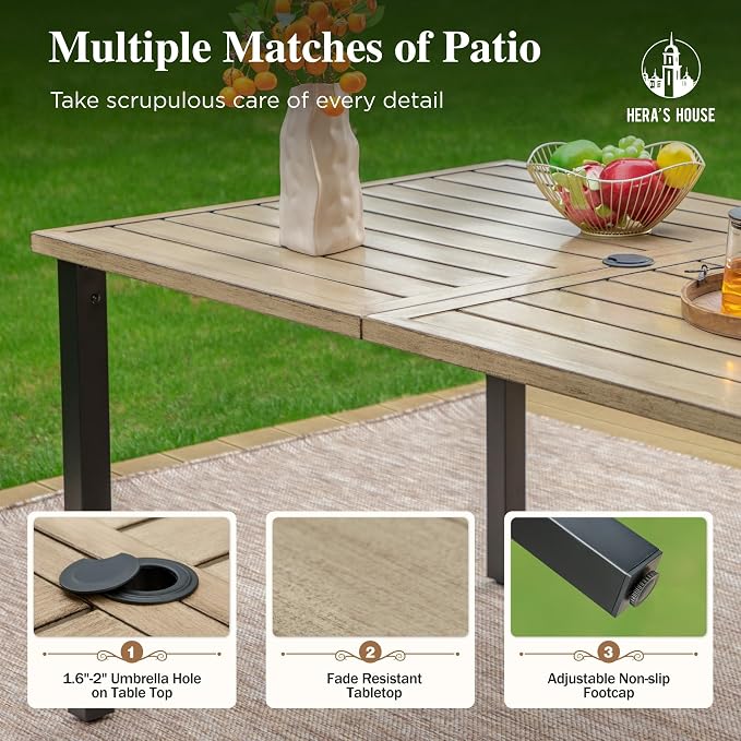HERA'S HOUSE 7pc Patio Dining Set, Wood-Like Metal Table, 6 Brown Chairs | 60" rectangular table with umbrella hole. Waterproof, rust-resistant, all-weather for backyard, porch