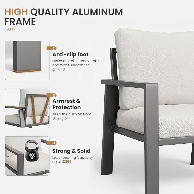 Aluminum Outdoor Loveseat with Coffee Table Small Furniture Patio Love Seat Couch Outdoor Chairs with 4" Cushion Loveseats Sofa for Poolside,Balcony,Deck,Yard