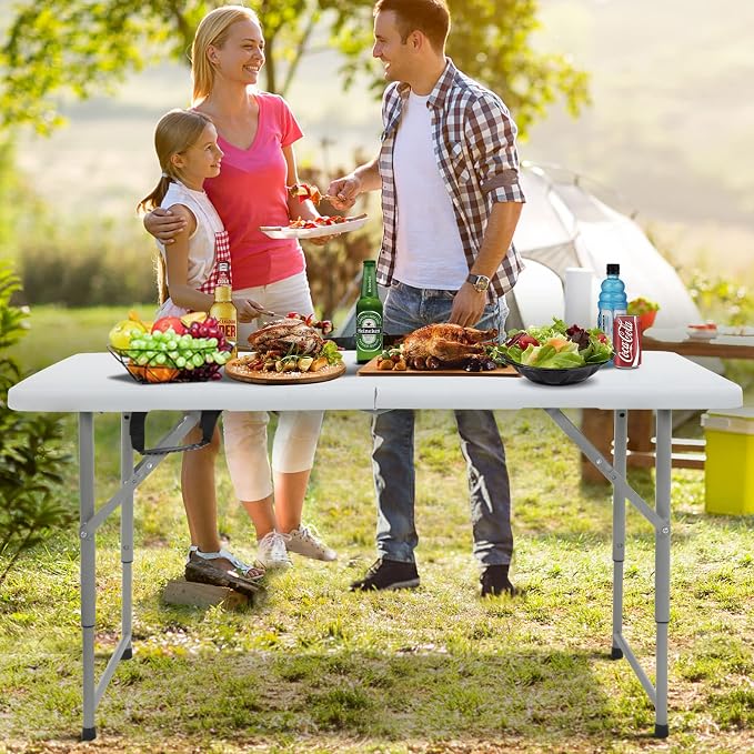 Plastic Folding Table, 4FT, White, Adjustable Height, Indoor/Outdoor, Party Dining, Utility