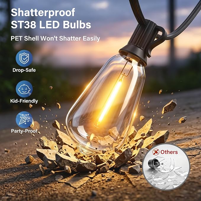 Guhope 102FT Outdoor String Lights with 39 ST38 Edison Bulbs 2200k | IP45 Waterproof Shatterproof Patio Lights Dimmable Hanging Connectable 24V Lights for Porch Garden Backyard Gazebo