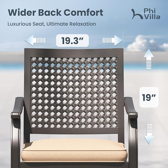 PHI VILLA Patio Dining Set for 4, 37" Metal Table & Swivel Chairs | 5 pcs black wrought iron square furniture set w/ umbrella hole. All weather for outdoor deck, yard, porch