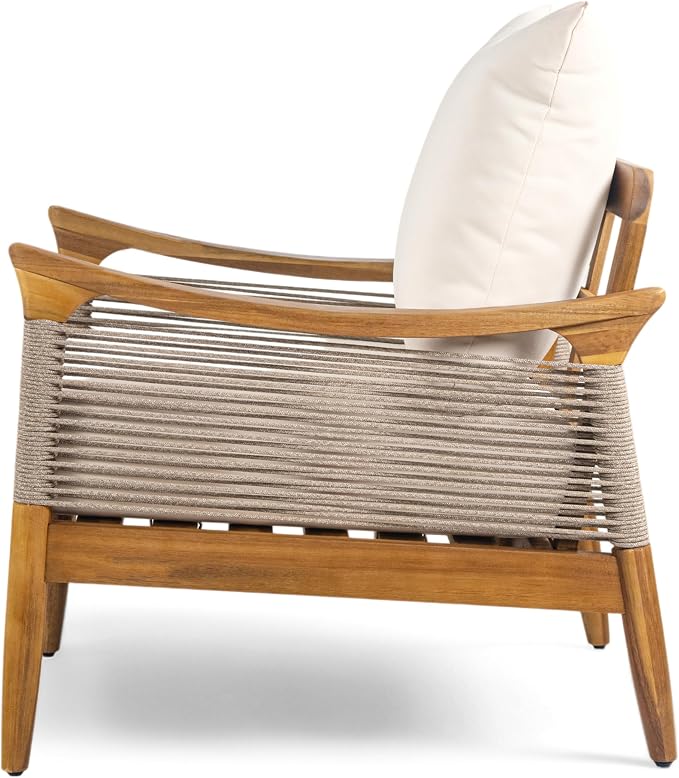 Merax Woven Rope Patio Club Chair, Acacia Wood Outdoor Armchair | Teak-Finish Acacia Frame, Woven Rope Seat, Thick Cushion, Deep Seating For Patio, Porch, Garden, Backyard Or Balcony