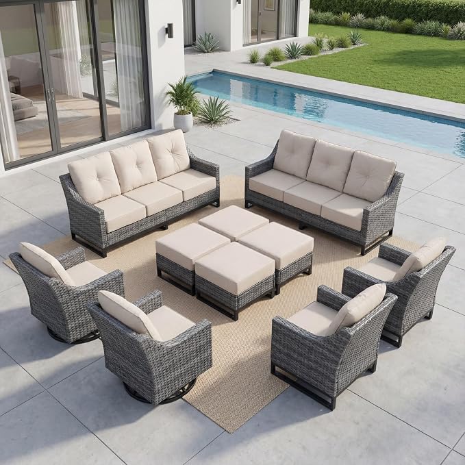 10-Piece Outdoor Patio Furniture Set, Grey Wicker Conversation Set with 2 Sofas, 4 Swivel Chairs and 4 Ottomans, 6-Inch Beige Cushions for Deck, Backyard, Poolside