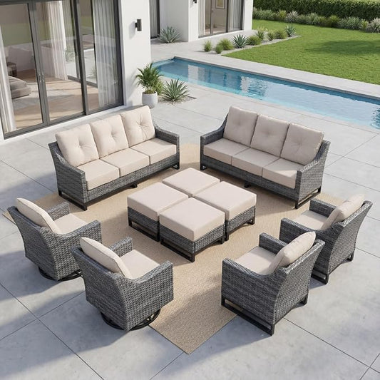 10-Piece Outdoor Patio Furniture Set, Grey Wicker Conversation Set with 2 Sofas, 4 Swivel Chairs and 4 Ottomans, 6-Inch Beige Cushions for Deck, Backyard, Poolside