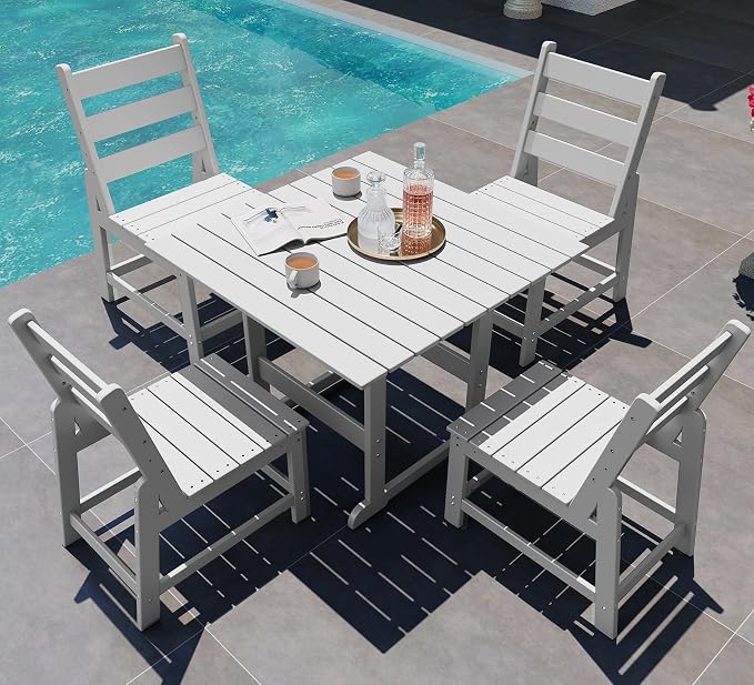 GREENVINES 5-Piece-Outdoor-Dining-Set | HDPE | Square | Patio Furniture | All Weather | Armless Chair | Slatted Table and Chairs Sets for 4 | for Backyard Poolside Garden | White
