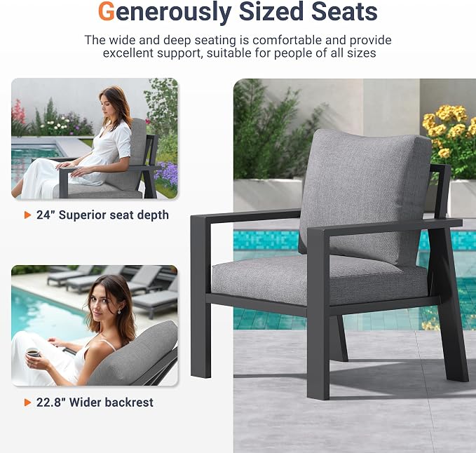 UDPATIO Aluminum Patio Furniture Set, 4 Pieces Sectional Metal Conversation Sofa Modern Seating Set with Coffee Table for Outdoor Garden Backyard, Dark Grey