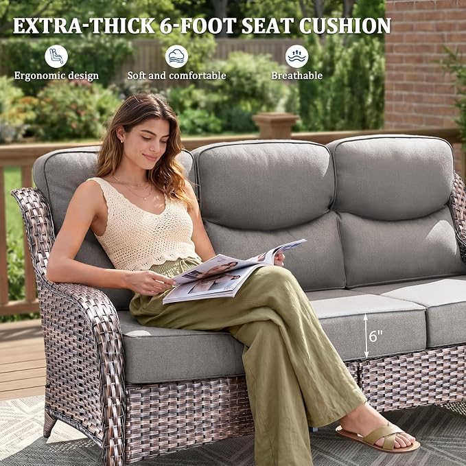 Luxury Swivel Rocker Chairs Fire Pit Set with 6" Thick Cushion 10 piece Wicker Outdoor Patio Chair with Sofa and Ottoman,Comfortable High Back Outdoor Patio Furniture Set - Brown | Gery