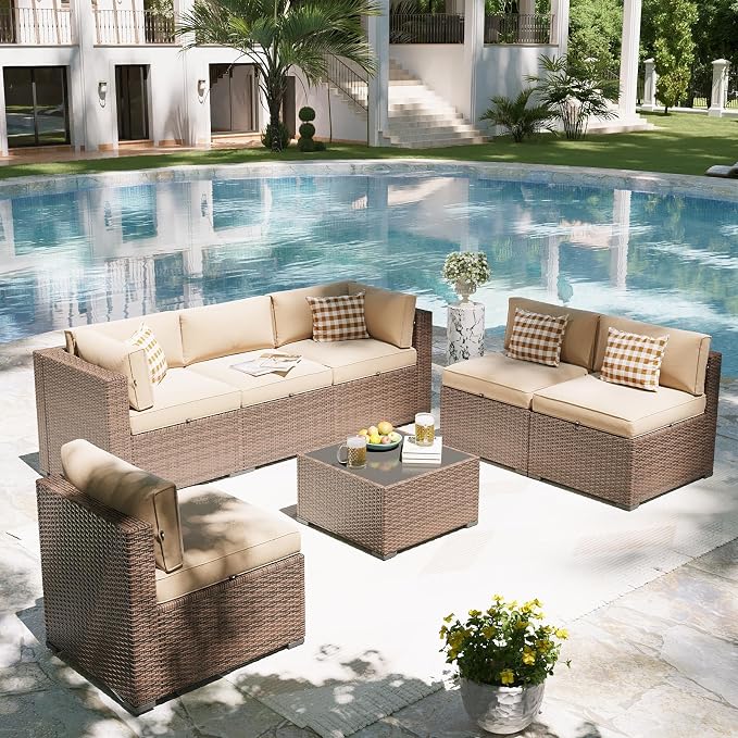 Aoxun Patio Furniture Set, 7 Piece Outdoor Sectional Sofas with Waterprool Cover, Wicker Rattan Outdoor Furniture Patio Conversation Set for Backyard, Garden (Brown Rattan Beige Cushions)