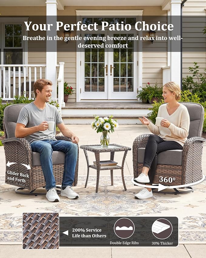 10-Piece Luxury Patio Furniture Set with 42.5" Fire Pit Table, Outdoor Wicker Sofa Couch & Swivel Rocker Chairs with 6-inch Thick Cushion, Conversation Set for Poolside, Deck & Yard - Gray