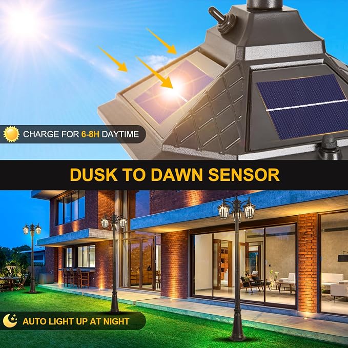 3-Head Solar Outdoor Street Light with Dusk to Dawn Sensor, Aluminum Exterior Pole Light with Water Ripple Glass, Classic Waterproof Black Solar Lamp Post Lights for Backyard, Garden, Driveway