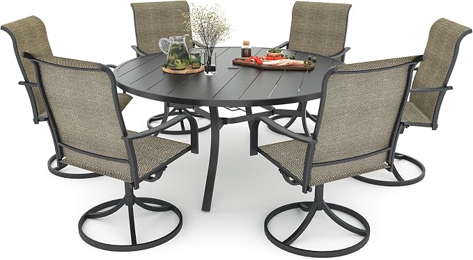 Outdoor Dining Set 54" Patio Round Table with 6 Swivel Chairs Tan Grey Sty2 | 6 Piece Swivel Chairs: High Back, Curved Armrest, Textilene Fabric, Rocking; 6-8 Person 54 inch Metal Round Table