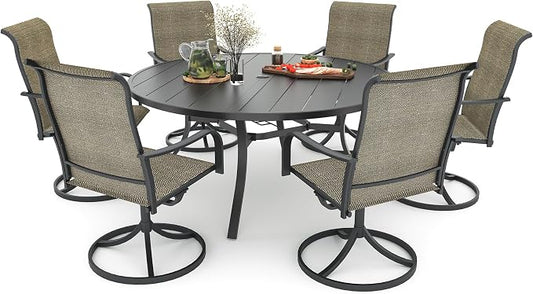 Outdoor Dining Set 54" Patio Round Table with 6 Swivel Chairs Tan Grey Sty2 | 6 Piece Swivel Chairs: High Back, Curved Armrest, Textilene Fabric, Rocking; 6-8 Person 54 inch Metal Round Table