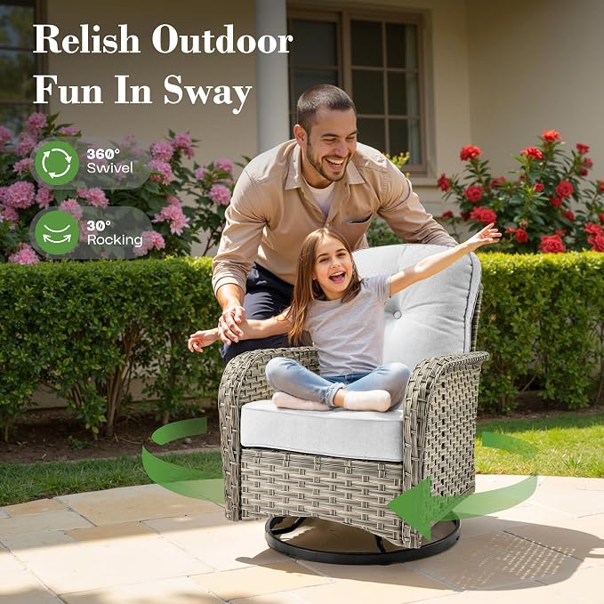 ovios 10 Piece Outdoor Patio Furniture with Swivel Rocking Chair, Rattan Wicker Conversation Set with Glowing Coffee Table, Sectional Single Chairs for Porch Balcony Backyard Pool,Light Grey