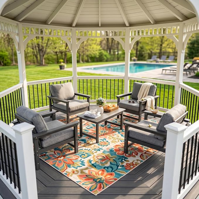 5-Piece Outdoor Patio Furniture Set, HDPE Conversation Set with 4 Ergonomic Armchairs & Large Coffee Table, Waterproof & UV-Resistant Outdoor Chairs with Cushions for Garden, Deck