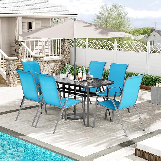 TLSUNNY Patio Dining Set for 6, Outdoor Table and Chairs W/1.69″ Umbrella Hole, 30"X 55" Table and Stackable Textilene Chair, All Weather Patio Furniture Set (Black Table & Sky Blue Chair)